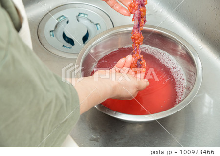 【イクラの醤油漬けを作るために、塩を入れたぬるま湯に生イクラを入れほぐす】 【イクラの醤油漬けを作るために、塩を入れたぬるま湯に生イクラを入れほぐす】 100923466