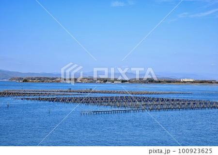 浜松市、浜名湖に浮かぶカキの養殖棚 浜松市、浜名湖に浮かぶカキの養殖棚 100923625
