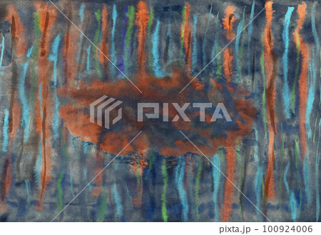 abstract fluid watercolor texture with brown blue cloud, orange, green, black lines splashes and drips 100924006