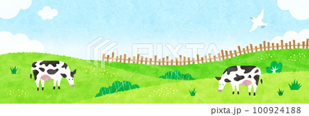 牛と草原の牧場風景 新緑の水彩背景イラスト 牛と草原の牧場風景 新緑の水彩背景イラスト 100924188