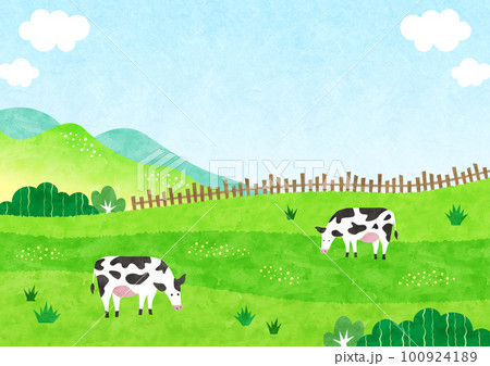 牛と草原の牧場風景 新緑の水彩背景イラスト 100924189