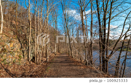 View over magical deciduous forest and hills landscape at riverside of Zschopau river near Mittweida town, Saxony, Germany, at warm sunset and blue sky. View over magical deciduous forest and hills landscape at riverside of Zschopau river near Mittweida town, Saxony, Germany, at warm sunset and blue sky. 100925333