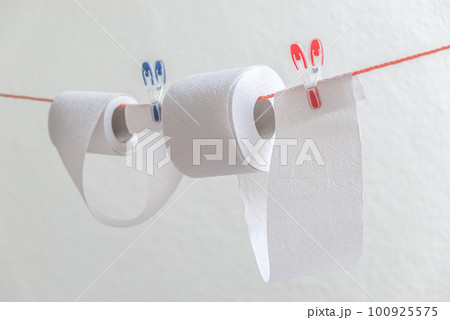 Toilet paper rolls hanging on clothesline for drying and reuse and washing. Concept of economical, financial crisis. Humorous anecdotic concept. Toilet paper rolls hanging on clothesline for drying and reuse and washing. Concept of economical, financial crisis. Humorous anecdotic concept. 100925575
