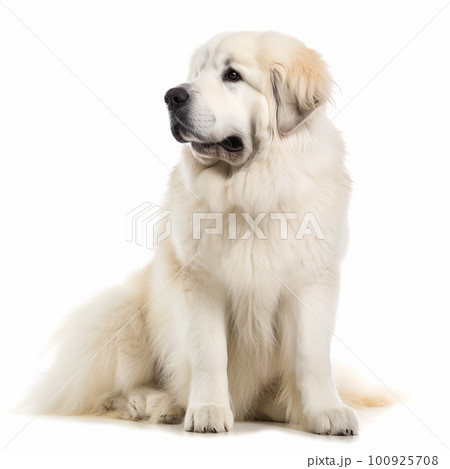 Big fluffy dog breed Pyrenean mountain dog isolated on white close-up, beautiful pet, ai generative 100925708