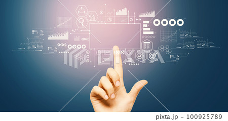 Marketing concept with hand pressing a button Marketing concept with hand pressing a button 100925789