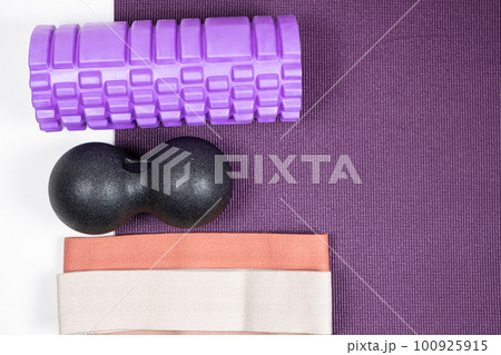 Sports equipment - massage roller, back ball and fabric fitness bands. 100925915