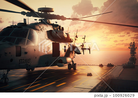 Military helicopter on warship board at sunset. Navy helicopter on board the aircraft carrier in the sea. Created with Generative AI 100926029