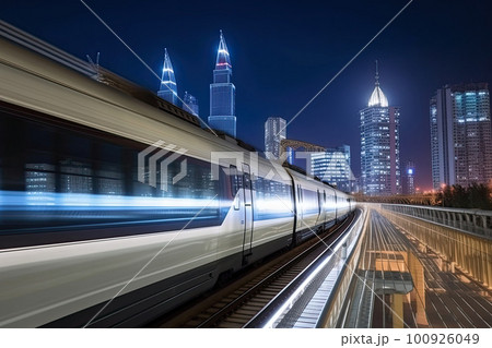 Modern high speed train at night. Fast train in city with motion blur effect, Public transport. Railway transportation. Created with Generative AI Modern high speed train at night. Fast train in city with motion blur effect, Public transport. Railway transportation. Created with Generative AI 100926049
