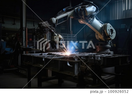 Robotic arm works on welding. Conveyor line at factory. Automatic welding. Created with Generative AI 100926052