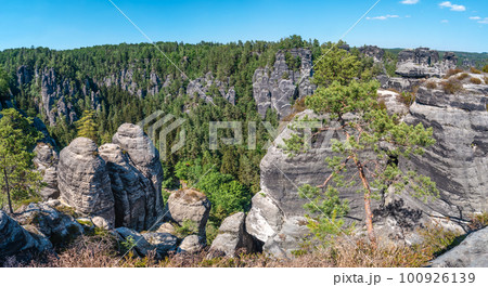 Panoramic over monumental Bastei sandstone pillars, rock formation and stacks surrounded by ancient forests at Kurort Rathen village in the national park Saxon Switzerland by Dresden, Saxony, Germany. 100926139