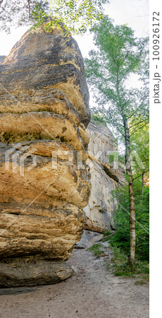 Monumental ancient Bastei sandstone pillars near Kurort Rathen village in the national park Saxon Switzerland by Dresden and Czechish border, Saxony, Germany. Monumental ancient Bastei sandstone pillars near Kurort Rathen village in the national park Saxon Switzerland by Dresden and Czechish border, Saxony, Germany. 100926172
