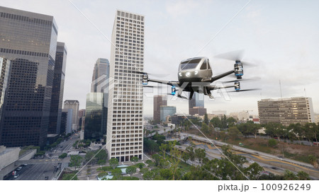 Autonomous driverless aerial vehicle fly across city, 3d render Autonomous driverless aerial vehicle fly across city, 3d render 100926249