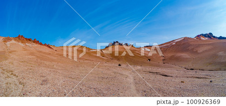 Panoramic over a hiking trail at Icelandic landscape of colorful volcanic caldera Askja, in the middle of volcanic desert in Highlands, with red, turquoise volcano soil and blue sky, Iceland. 100926369