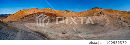 Panoramic over a hiking trail at Icelandic landscape of colorful volcanic caldera Askja, in the middle of volcanic desert in Highlands, with red, turquoise volcano soil and blue sky, Iceland. 100926370
