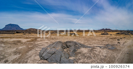 Panoramic over Icelandic Moon Lunar landscape near colorful volcanic caldera Askja, in the middle of volcanic desert in Highlands, blue sky, Iceland, lonely dirt road Panoramic over Icelandic Moon Lunar landscape near colorful volcanic caldera Askja, in the middle of volcanic desert in Highlands, blue sky, Iceland, lonely dirt road 100926374