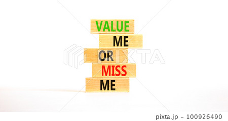 Value or miss me symbol. Concept words Value me or miss me on wooden block. Beautiful white table white background. Business psychological and value or miss me concept. Copy space. Value or miss me symbol. Concept words Value me or miss me on wooden block. Beautiful white table white background. Business psychological and value or miss me concept. Copy space. 100926490