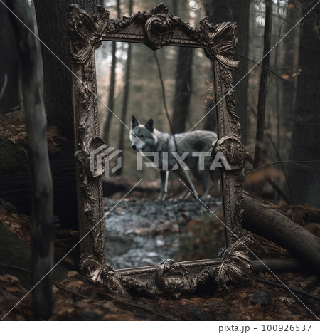 Mirror in a dense strange magical forest, reflection of a wolf in the mirror, horror landscape, witchcraft illustration, Mirror in a dense strange magical forest, reflection of a wolf in the mirror, horror landscape, witchcraft illustration, 100926537