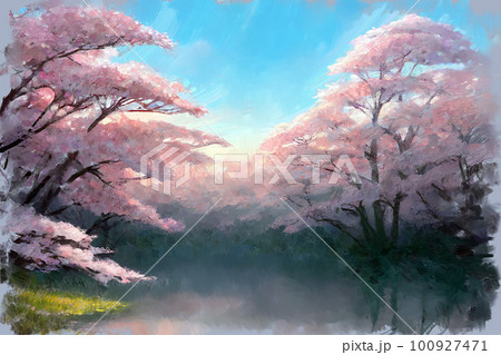 Impressionist painting of pink cherry blossoms 100927471