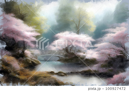 Cherry blossoms and bridge over river painting 100927472