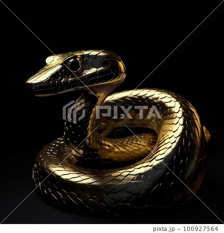 Golden snake on a black background, gold-plated snake close-up Golden snake on a black background, gold-plated snake close-up 100927564
