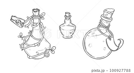 Potion bottles with magic poison. Alchemist bottles with tags. Sketch vector illustration 100927788