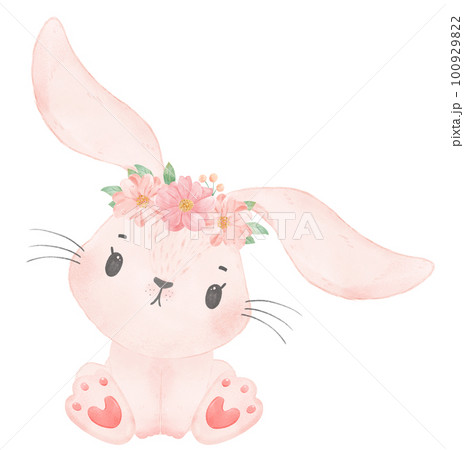 Adorable happy whimsical baby pink bunny rabbit with floral crown watercolour illustration 100929822