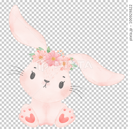 Adorable happy whimsical baby pink bunny rabbit with floral crown watercolour illustration 100929822