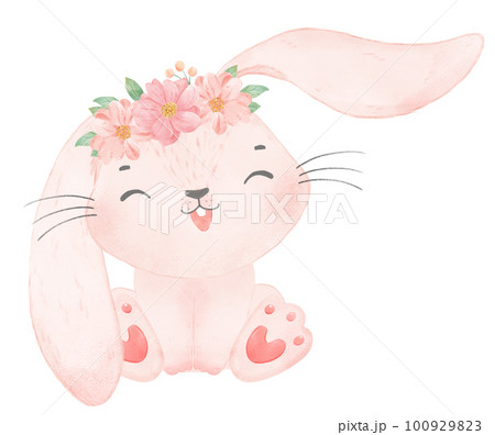 Adorable happy whimsical baby pink bunny rabbit with floral crown watercolour illustration Adorable happy whimsical baby pink bunny rabbit with floral crown watercolour illustration 100929823