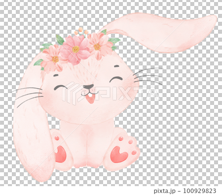 Adorable happy whimsical baby pink bunny rabbit with floral crown watercolour illustration Adorable happy whimsical baby pink bunny rabbit with floral crown watercolour illustration 100929823
