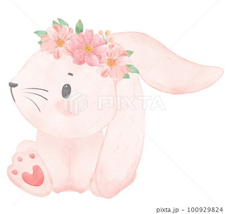 Adorable happy whimsical baby pink bunny rabbit with floral crown watercolour illustration 100929824