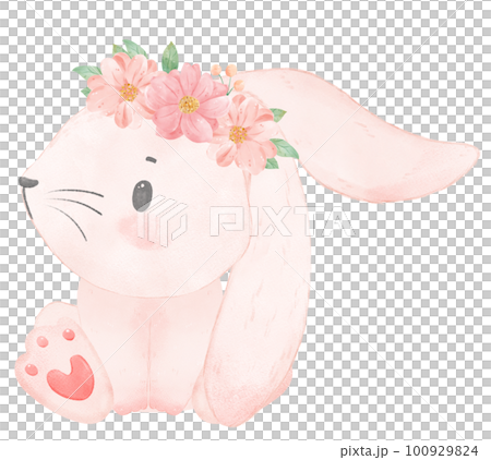 Adorable happy whimsical baby pink bunny rabbit with floral crown watercolour illustration 100929824