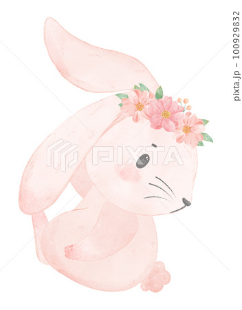 Adorable happy whimsical baby pink bunny rabbit...のイラスト素材
