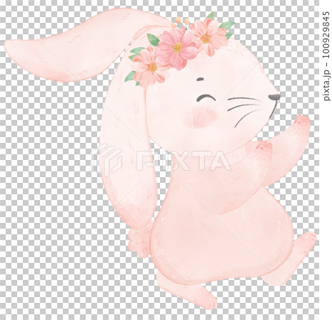 Adorable happy whimsical baby pink bunny rabbit with floral crown watercolour illustration Adorable happy whimsical baby pink bunny rabbit with floral crown watercolour illustration 100929845