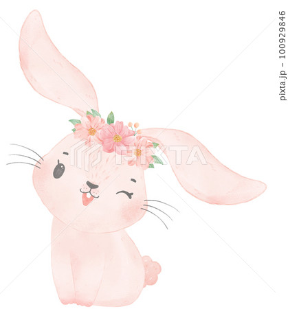 Adorable happy whimsical baby pink bunny rabbit with floral crown watercolour illustration Adorable happy whimsical baby pink bunny rabbit with floral crown watercolour illustration 100929846