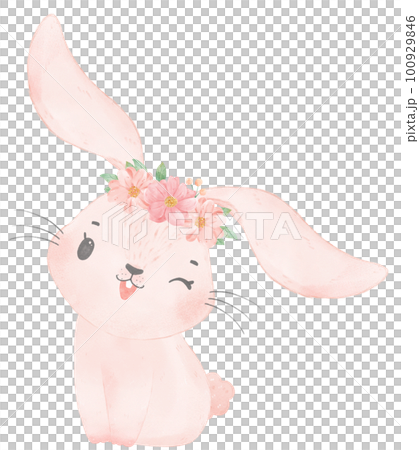 Adorable happy whimsical baby pink bunny rabbit with floral crown watercolour illustration Adorable happy whimsical baby pink bunny rabbit with floral crown watercolour illustration 100929846