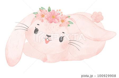 Adorable happy whimsical baby pink bunny rabbit with floral crown watercolour illustration Adorable happy whimsical baby pink bunny rabbit with floral crown watercolour illustration 100929908