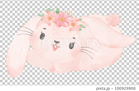 Adorable happy whimsical baby pink bunny rabbit with floral crown watercolour illustration Adorable happy whimsical baby pink bunny rabbit with floral crown watercolour illustration 100929908