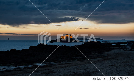 Illuminated Fort Petit Be At The Ancient City Saint-Malo In The Night At The Atlantic Coast In Brittany, France 100929970