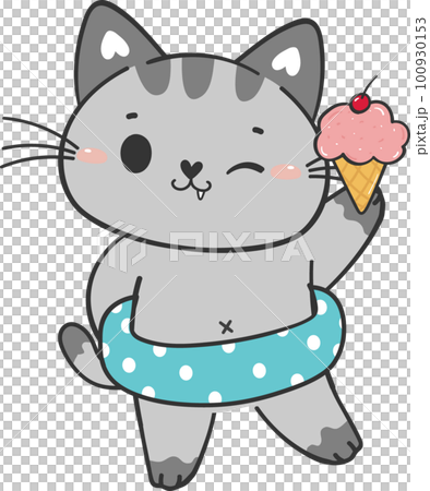 cute funny summer beach playful kitten cat in shorts cartoon animal hand drawing doodle 100930153