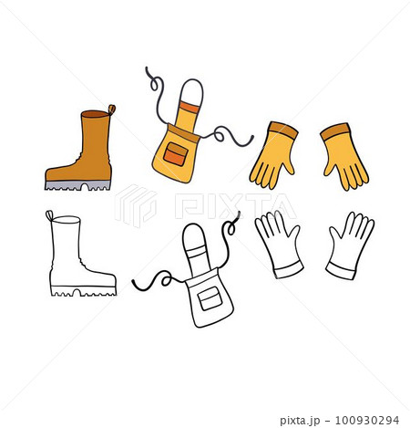 Vector illustration for your design. Colored and black line outline. Rubber boots, apron, rubber gloves. Garden set. 100930294