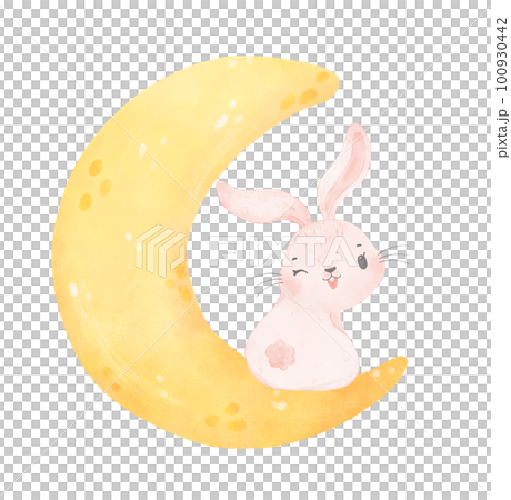 adorable whimsical baby pink bunny rabbit animal on the crescent moon phase soft watercolour adorable whimsical baby pink bunny rabbit animal on the crescent moon phase soft watercolour 100930442