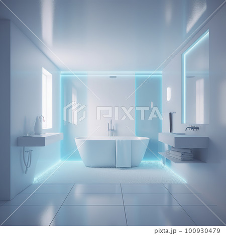Minimal luxury white bathroom with blue led light. Stone floor, marble tile wall and modern big white bathtub. Generative AI 100930479