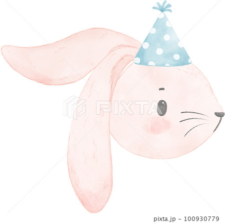 Adorable whimsical sweet happy baby pink bunny rabbit face head with colourful soft paster polka dot party hat watercolour illustration Adorable whimsical sweet happy baby pink bunny rabbit face head with colourful soft paster polka dot party hat watercolour illustration 100930779