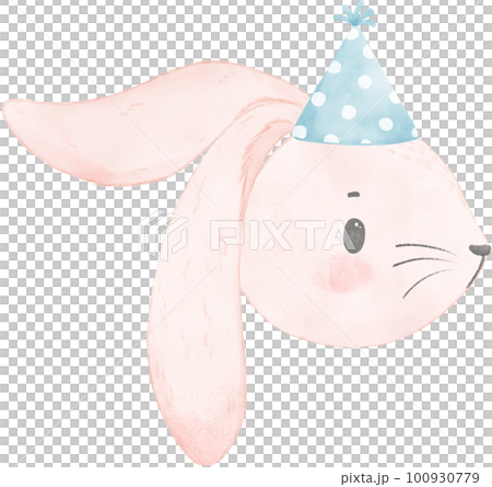 Adorable whimsical sweet happy baby pink bunny rabbit face head with colourful soft paster polka dot party hat watercolour illustration Adorable whimsical sweet happy baby pink bunny rabbit face head with colourful soft paster polka dot party hat watercolour illustration 100930779