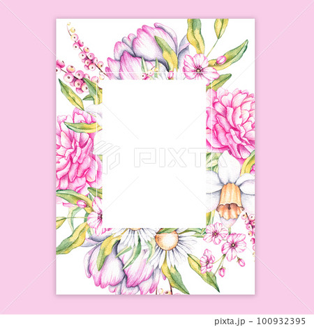 Watercolor card with peonies, daffodils, daisies, tulips Watercolor card with peonies, daffodils, daisies, tulips 100932395