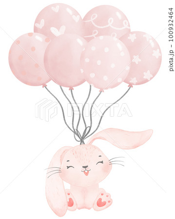 adorable whimsical happy baby pink bunny rabbit holding sweet party balloons watercolour children illustration  100932464