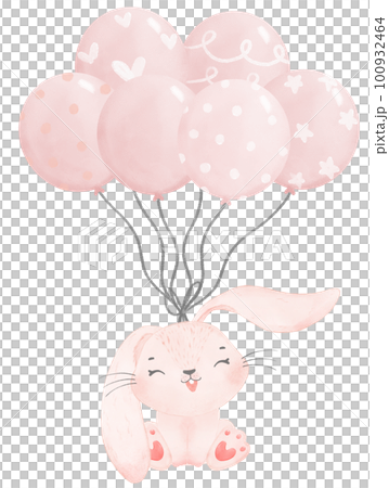 adorable whimsical happy baby pink bunny rabbit holding sweet party balloons watercolour children illustration  100932464