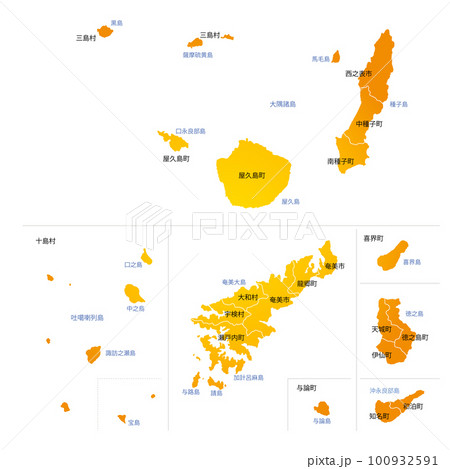 鹿児島県の離島と市町村地図 100932591