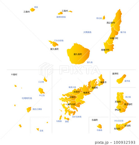 鹿児島県の離島と市町村地図 100932593