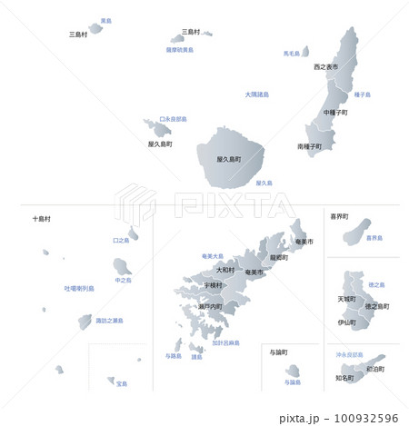 鹿児島県の離島と市町村地図 鹿児島県の離島と市町村地図 100932596